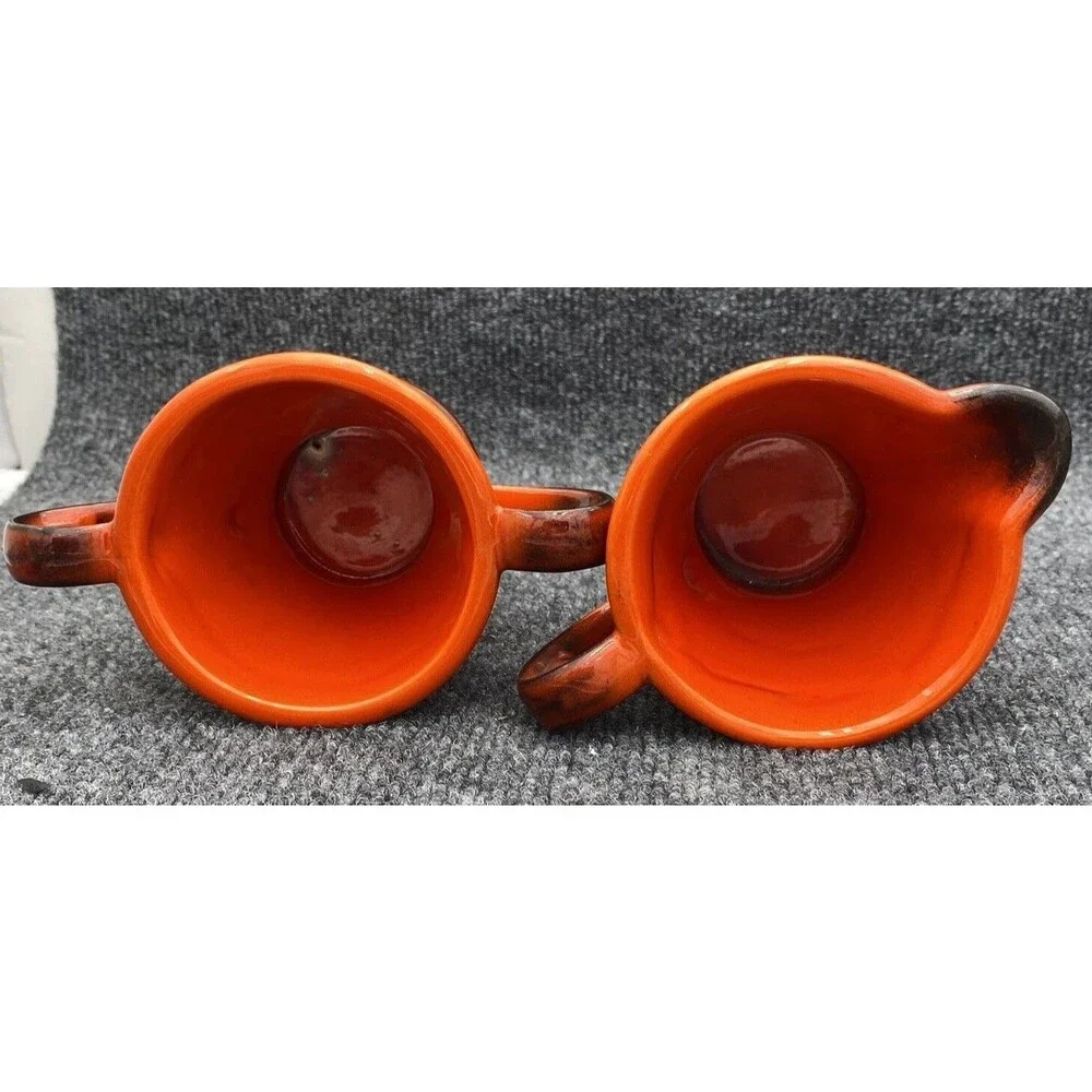 Vintage Metlox Poppy Trail Red Rooster Creamer Open Sugar Bowl Set Burnt Orange